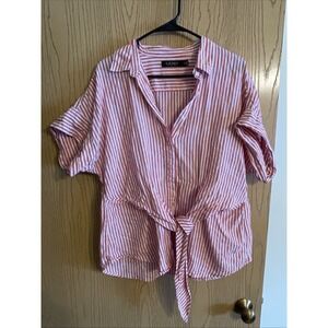 Women's Ralph Lauren Collard Blouse Button Up Linen Stripes Size XL